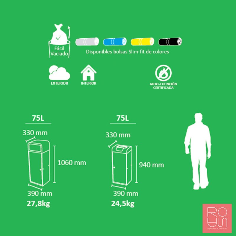 Paperera de reciclatge Estocolmo 75L | Seguretat Auto-extingible i Disseny